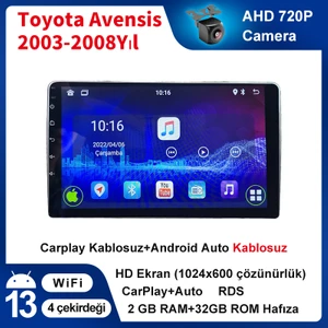 Toyota Avensi(2022-2008 yıl)2GB Ram 32GB Rom Hafıza Android sürüm 14 Multimedya Kablosuz Carplay Navigasyon 9 inç Ekran