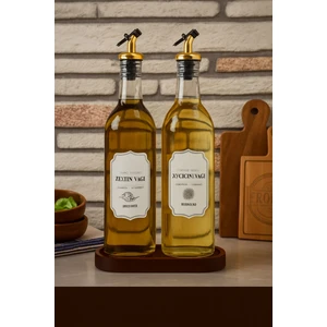 Ahşap Standlı Koyu Renk 2'li Yağ ve Sirke Şişesi Gold Kapaklı 750 ml Yağdanlık Zeytinyağ Sıvıyağ Şişesi