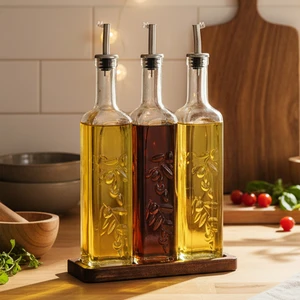 Safir - Ahşap Standlı 3'lü Cam Damlatmaz Yağlık Sirkelik Zeytinyağı Sıvıyağ Şişesi Yağdanlık 500ML