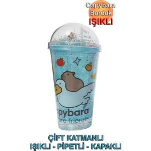 Capybara Çift Cidarlı, Işıklı, Pipetli, Kapaklı Bardak