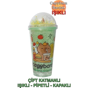 Capybara Çift Cidarlı, Işıklı, Pipetli, Kapaklı Bardak