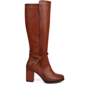 Kadın Kalın Topuklu Taba Suni Deri Biyeli Çizme