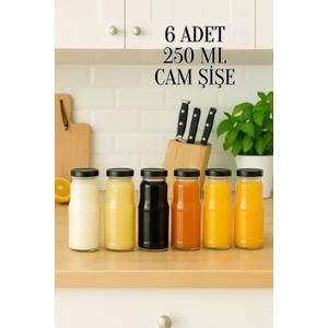 6 Adet 250 ml Şeffaf Sürahi Süt, Ayran, Su, Limonata, Meşrubat Şişesi Metal Kapaklı Cam Şişe