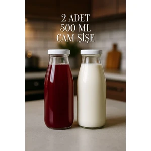 2 Adet Plastik Kapaklı 500 ml Sürahi Süt, Ayran, Su, Limonata Meşrubat Şişesi Cam Şişe 500CC