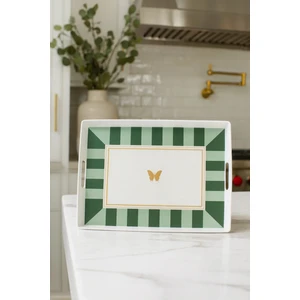 Makri Home Çizgili Desenli Servis Tepsisi 38X28X3,5 Cm, Yeşil