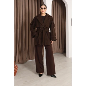 Kadın Kahverengi Kruvaze Oversize Kuşaklı Kaşe Kaban