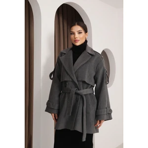 Kadın Gri Kruvaze Oversize Kuşaklı Kaşe Kaban