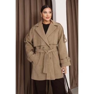 Kadın Vizon Kruvaze Oversize Kuşaklı Kaşe Kaban