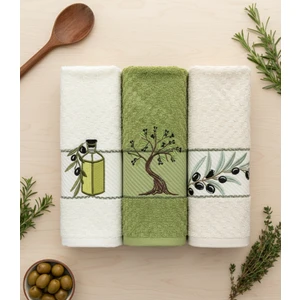 3'lü %100 Pamuk Zeytin Desenli Mutfak Havlu Seti - 40X60
