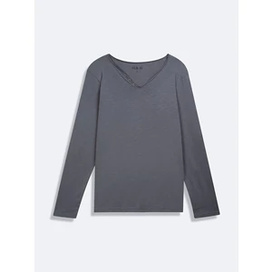 Uzun Kollu V Yaka Önü Düğmeli Basıc Gri Sweatshırt