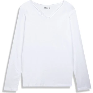 Uzun Kollu V Yaka Önü Düğmeli Basıc Beyaz Sweatshırt