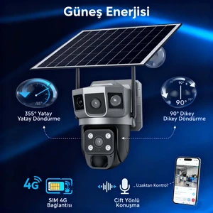 4g Solar Panelli Güvenlik Kamerası, Güneş Enerjili , 6mp Çift Lens, Sim Kartlı, Ptz, Su Geç