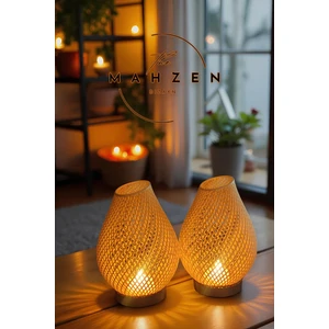 Özel Tasarım Tealight Aydınlatmalı Dekoratif Obje Ikili Set / Gerçek Bambu/meşe Katkılı