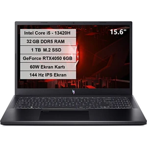 Nitro V 15 Intel Core i5 13420H 32GB DDR5 1TB M.2 SSD RTX 4050-6GB 60W FreeDos 15.6" FHD IPS 144Hz Taşınabilir Bilgisayar NH.QNBEY.004