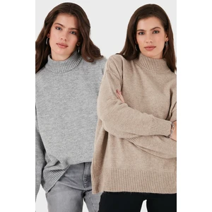 Oversize Fit Balıkçı Yaka Yumuşak Dokulu 2'li Paket Triko Kazak Bayan Kazak 680KZ00469S2