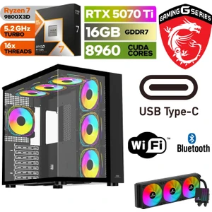 Gaming Pc Ddr5 – Rtx 5070Tİ 16GB – Ryzen 7 9800X3D – 32GB – 64GB Ddr5 Ram – 1 Tb M.2 SSD – Windows 11 Pro – Sıvı Sogutmalı Masaüstü Bilgisayar