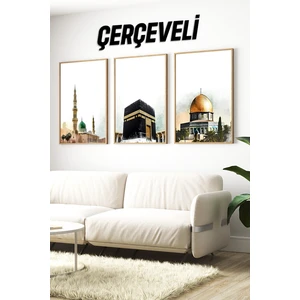 🕋 Kâbe, Mescid-I Nebevi ve Kubbet-Üs-Sahra Temalı 3'lü Tablo Seti 🌙✨🌸 CRV1237 23 x 32