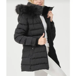 Kadın Siyah Kürklü Çıkarılabilir Kapüşonlu Su Geçirmez Uzun Şişme Anorak Kaban