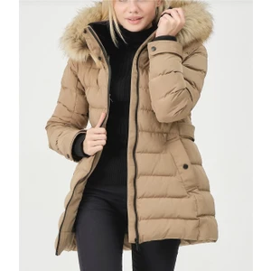Kadın Bej Kürklü Çıkarılabilir Kapüşonlu Su Geçirmez Uzun Şişme Anorak Kaban