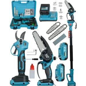 Akülü Şarjlı Dal Budama Otomatik Yağlamalı Testere Makas ve Teleskopik Uzatma Kolu 3lü Kombin