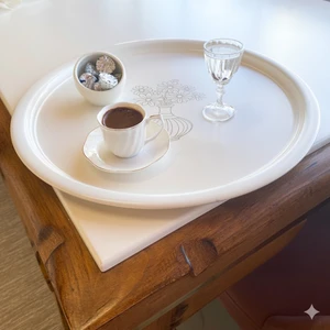 50 cm Yuvarlak Metal Tepsi Kahvaltı Çay Kahve Sunum Tepsisi BEYAZ