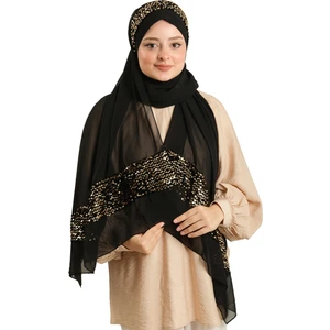 Hürrem Bone Siyah-Gold Arkadan Bağlamalı Şal Şifon Pullu Çapraz 1912_102