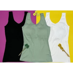 Kadın Atlet V Yaka | 3'lü Siyah, Beyaz ve Yeşil Renk Sütyenli- Pedli Modal Kumaş Kaşkorse Bluz Atlet