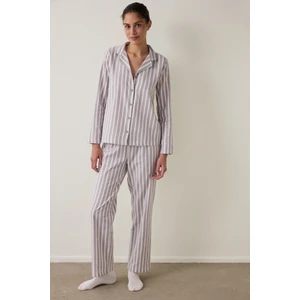 Bej Çizgili Uzun Kollu Pamuklu Gömlek Pantolon Pijama Takımı