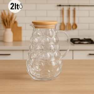 Bambu Kapaklı Üzüm Desenli Cam Sürahi 2oooml