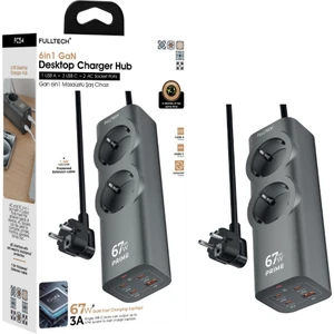 Akım Korumalı Priz, Güç Şeridi, 67W Gan Hızlı Şarj Adaptörü, Tam Zamanlı 6 Bağlantı Noktası, 2x Priz Girişi, 1x USB Girişi, 3x Type-C Girişi, Yüksek Verimlilik (1.5 Metre)