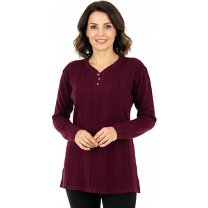 Kadın Kışlık Kendinden Motifli Armut Yaka Üç Düğmeli Normal Kesim Likralı Pamuklu Kardelen Dokuma Anne Kazak