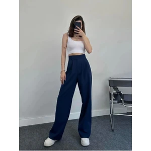 Kadın Lacivert Cırtlı Palazzo Yüksek Bel Ayarlanabilir Bel Bol Paça