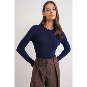 6938 Kadın Bisiklet Yaka Fitilli Triko Body Lacivert