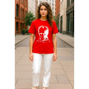 Kadın Bisiklet Yaka Kısa Kollu Atatürk Baskılı %100 Pamuk T-Shirt