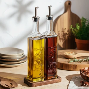 Safir - 2'li Ahşap Standlı Cam Zeytinyağı Sıvıyağ Şişesi Yağdanlık Damlatmaz Yağlık Sirkelik 500ML