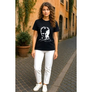 Kadın Bisiklet Yaka Kısa Kollu Atatürk Baskılı %100 Pamuk T-Shirt