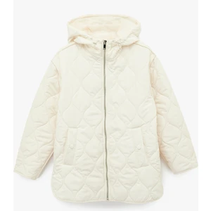 Uzun Kollu Cepli Fermuarlı Kapüşonlu Kapitone Mont