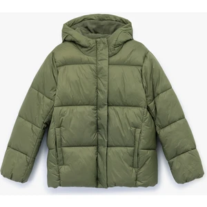 Kapüşonlu Uzun Kollu Cepli Fermuarlı Şişme Mont