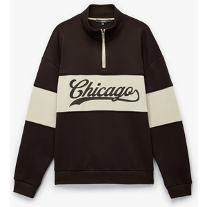 Uzun Kollu Baskılı Oversize Renk Bloklu Yarım Fermuarlı Sweatshirt