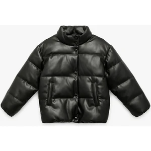 Dik Yaka Cepli Uzun Kollu Suni Deri Şişme Mont