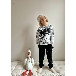 Sacro Kids Dino Baskili Şardonlu 3 Iplik Sweatshirt-Eşofman Altı Kışlık Erkek Çocuk Takım