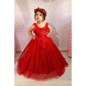 Kız Çocuk Çiçek Detaylı Prenses Abiye Elbise