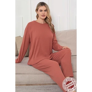 Kalın Kışlık Interlok Şeritli Uzun Kollu Örme Pijama Takımı