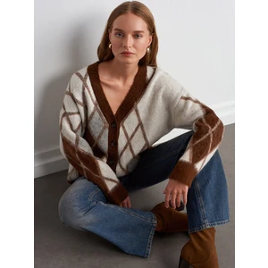 60989 Baklava Desenli Alpaka Karışımlı Triko Hırka-Kahve