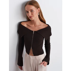 60252 Fermuarlı Fitilli Triko Top-Koyu Kahve