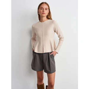 10824 Bisiklet Yaka Peplum Triko Top-Açık Bej