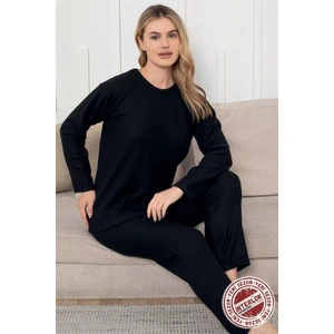 Kalın Kışlık Interlok Şeritli Uzun Kollu Örme Pijama Takımı