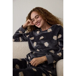 Koyu Gri Ayı Desenli Uzun Kollu Pijama Takımı