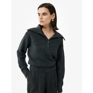 Regular Fit Uzun Kollu Yarım Düğme Detaylı Geniş Polo Yaka Triko Kazak