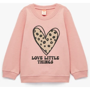 Pamuklu Uzun Kollu Bisiklet Yaka Kalp Baskılı Sweatshirt